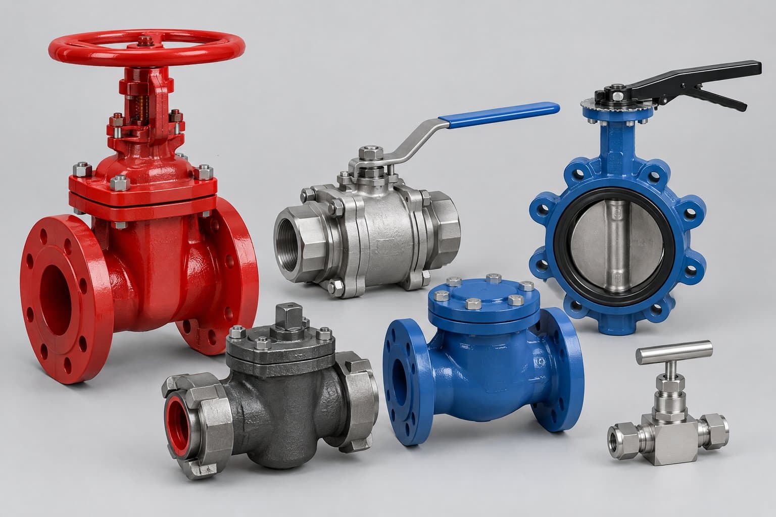 A group of oilfield valves — a flanged gate valve with handwheel, a ball valve with lever, a lug butterfly valve, a check valve, a union-end valve and a needle valve