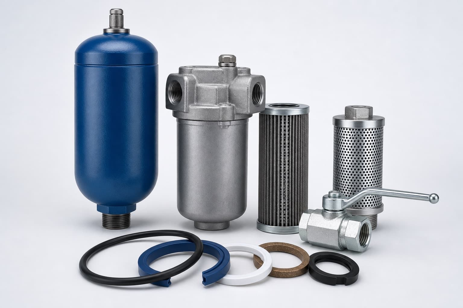 A group of hydraulic power-unit accessories — a blue bladder accumulator, a return-line filter housing with its pleated element stood alongside, a perforated suction strainer and a lever ball valve, with O-rings, rod seals, a back-up ring and a wear ring laid in front