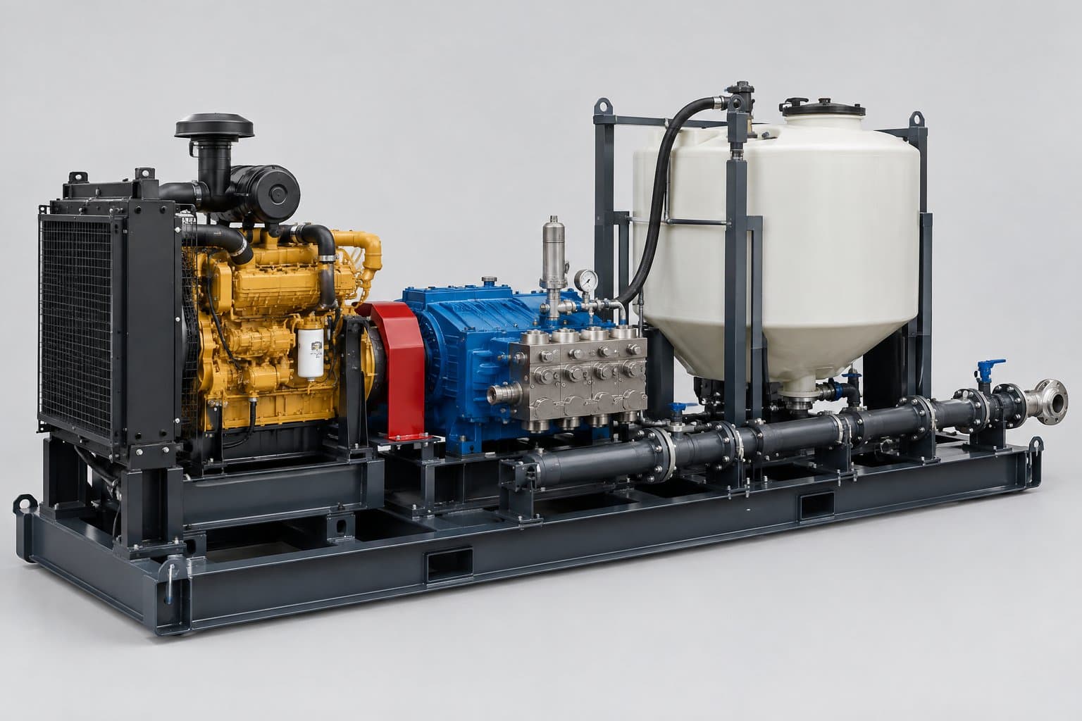 A skid-mounted stimulation pumping unit with a diesel engine, a triplex pump and a blending tank