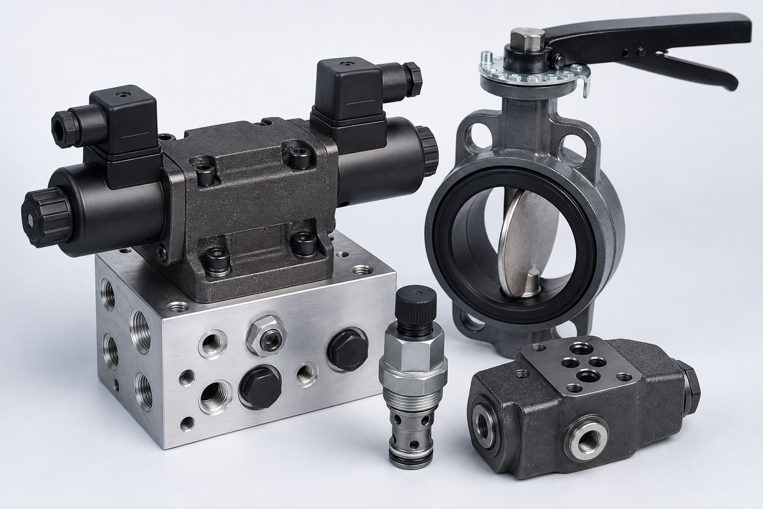 A group of hydraulic and process valves — a twin-solenoid directional valve seated on a drilled aluminium manifold block, a resilient-seated butterfly valve with lever handle, a screw-in cartridge relief valve and a compact valve body