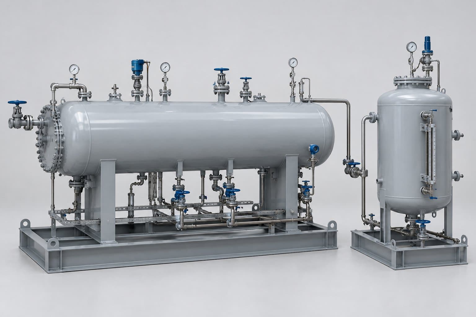 A skid-mounted horizontal three-phase separator with valves and gauges, beside a vertical surge tank on its own skid