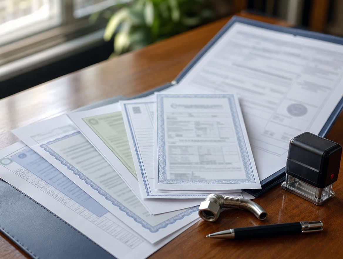Export documents and certificates fanned out on a desk beside a rubber stamp, a pen and a hydraulic hose fitting