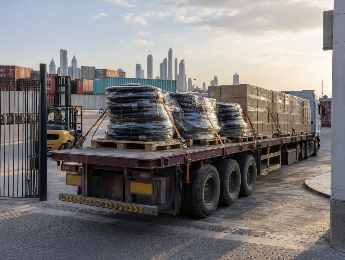 Flatbed trailer loaded with shrink-wrapped hydraulic hose coils and cartons, strapped down at a warehouse yard gate