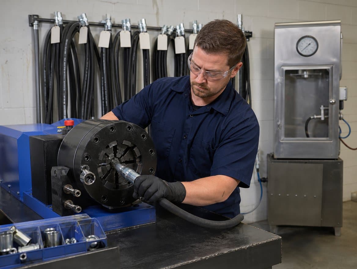 Technician in safety glasses crimping a steel fitting onto a hydraulic hose, tagged assemblies and a pressure-test cabinet behind