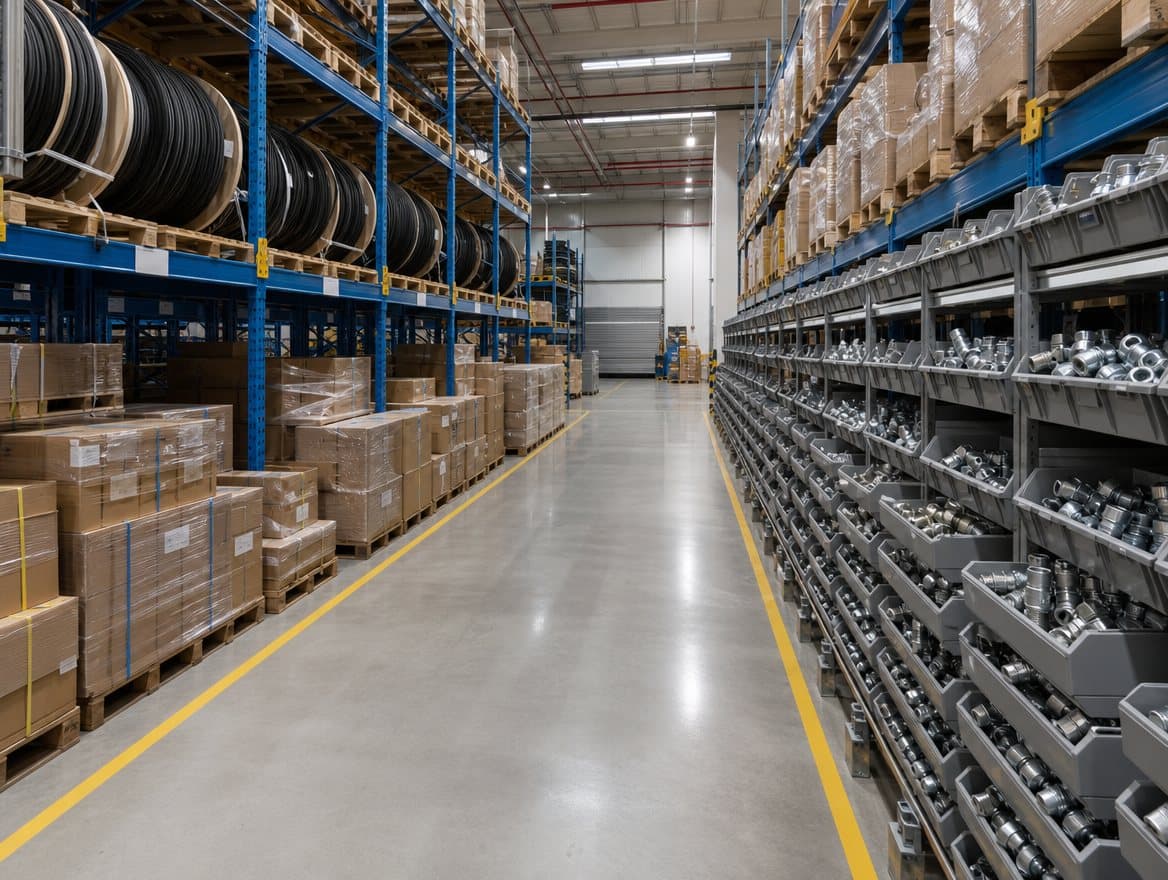Warehouse aisle with racked reels of hydraulic hose on one side and bins of steel hose fittings and adapters on the other
