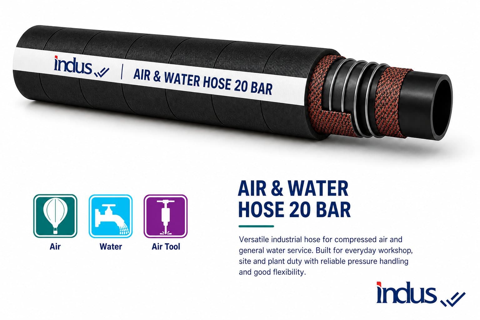 Black air and water hose, 20 bar, cutaway showing textile plies, with use icons