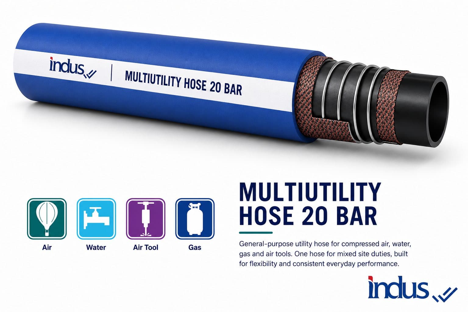 Blue multi-utility hose, 20 bar, cutaway showing the reinforcement plies
