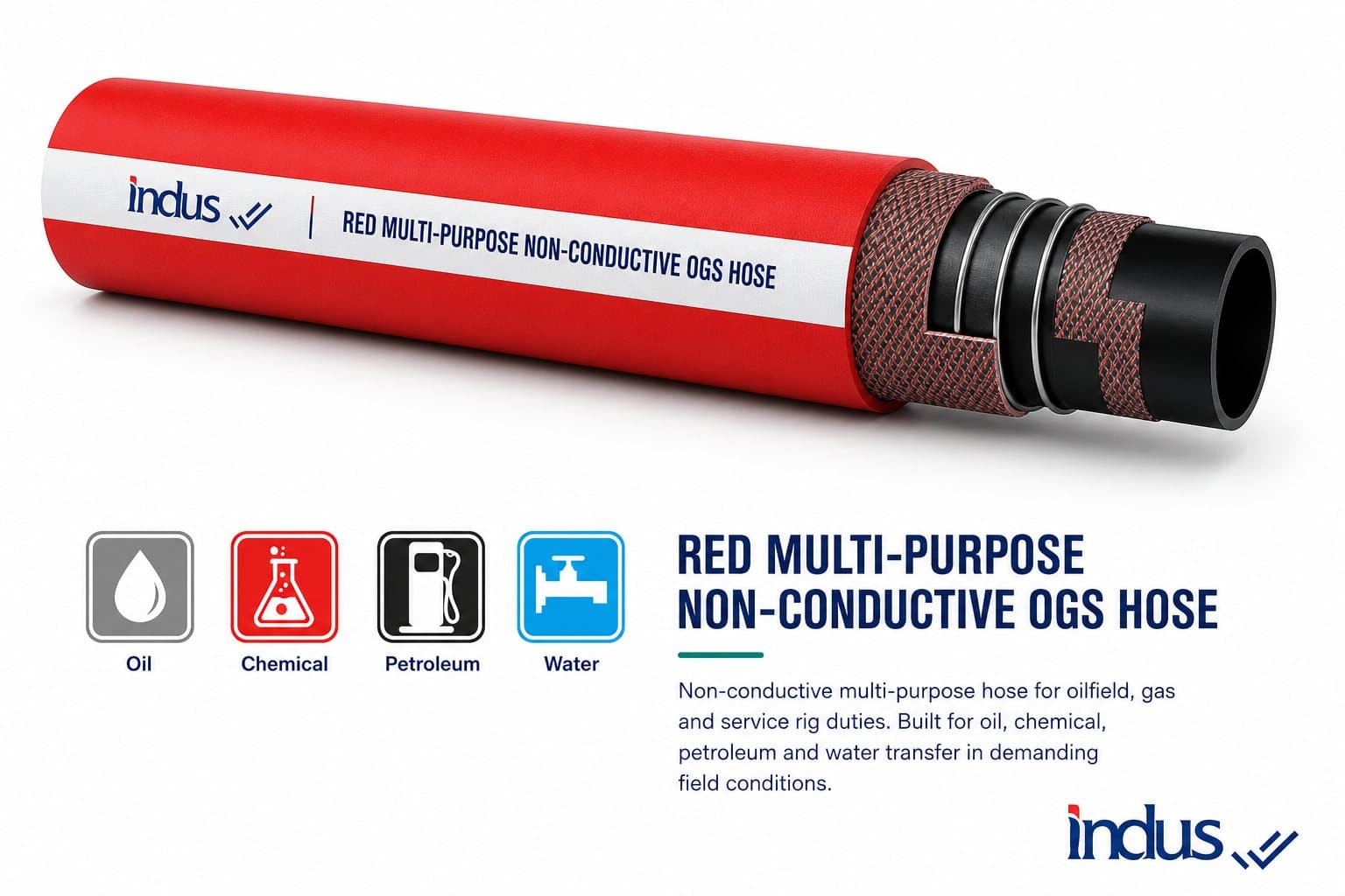 Red multi-purpose non-conductive oil, gas and solvent hose, cutaway