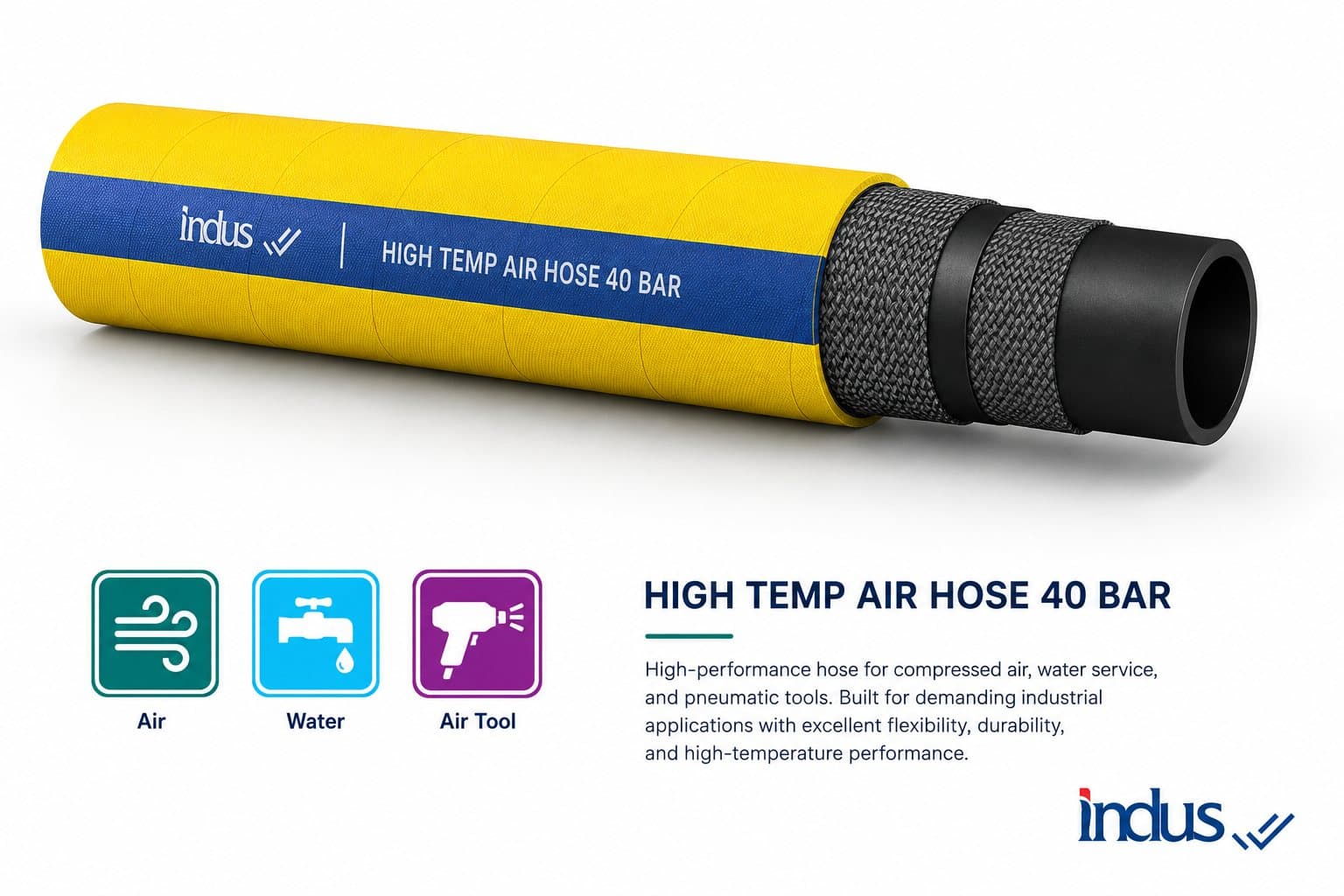 Yellow high-temperature air hose, 40 bar, cutaway with steel braid