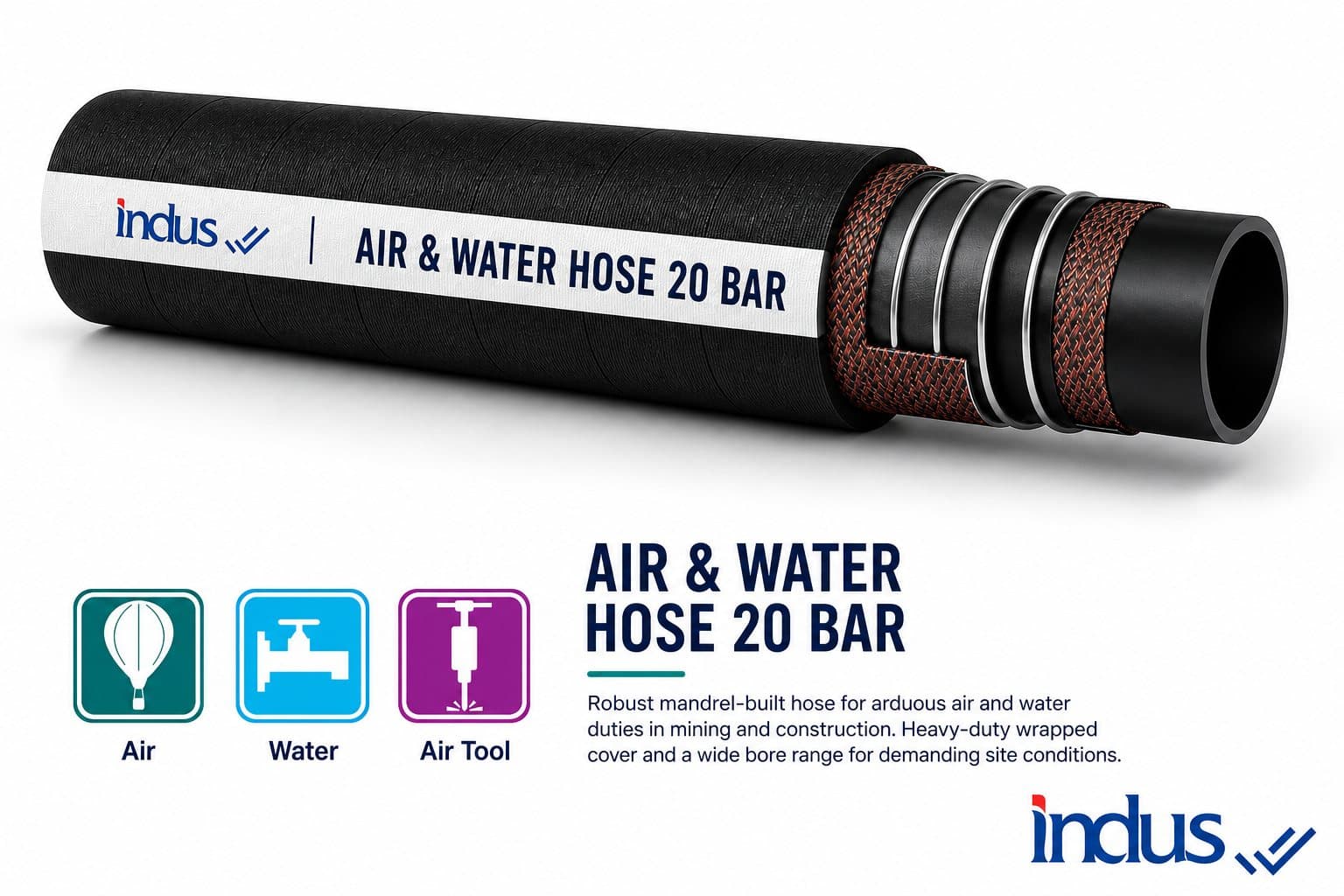 Black mandrel-built air and water hose, 20 bar, cutaway with textile plies