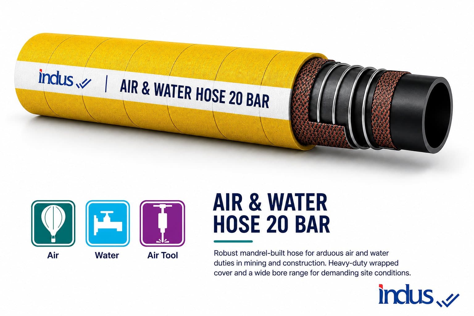 Yellow mandrel-built air and water hose, 20 bar, cutaway with textile plies