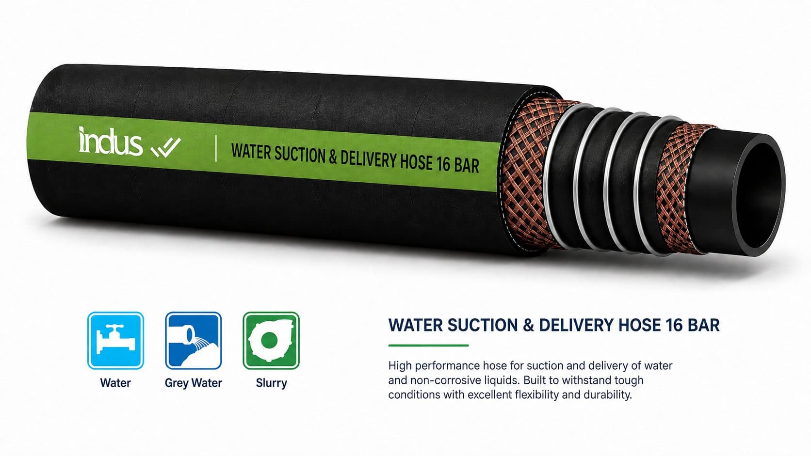 Water suction and delivery hose, 16 bar, green layline, cutaway