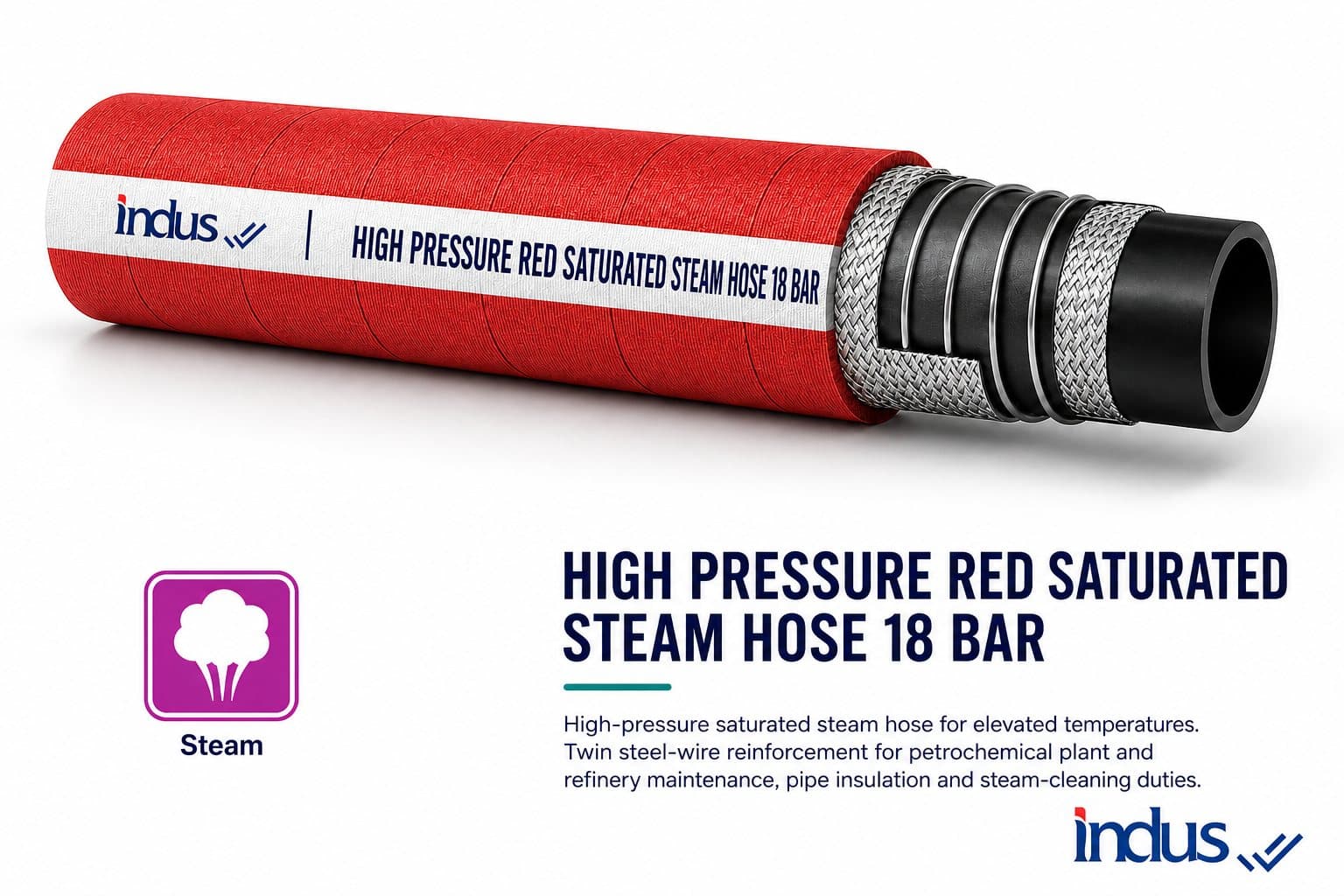 Red high-pressure saturated steam hose, 18 bar, cutaway with steel braids