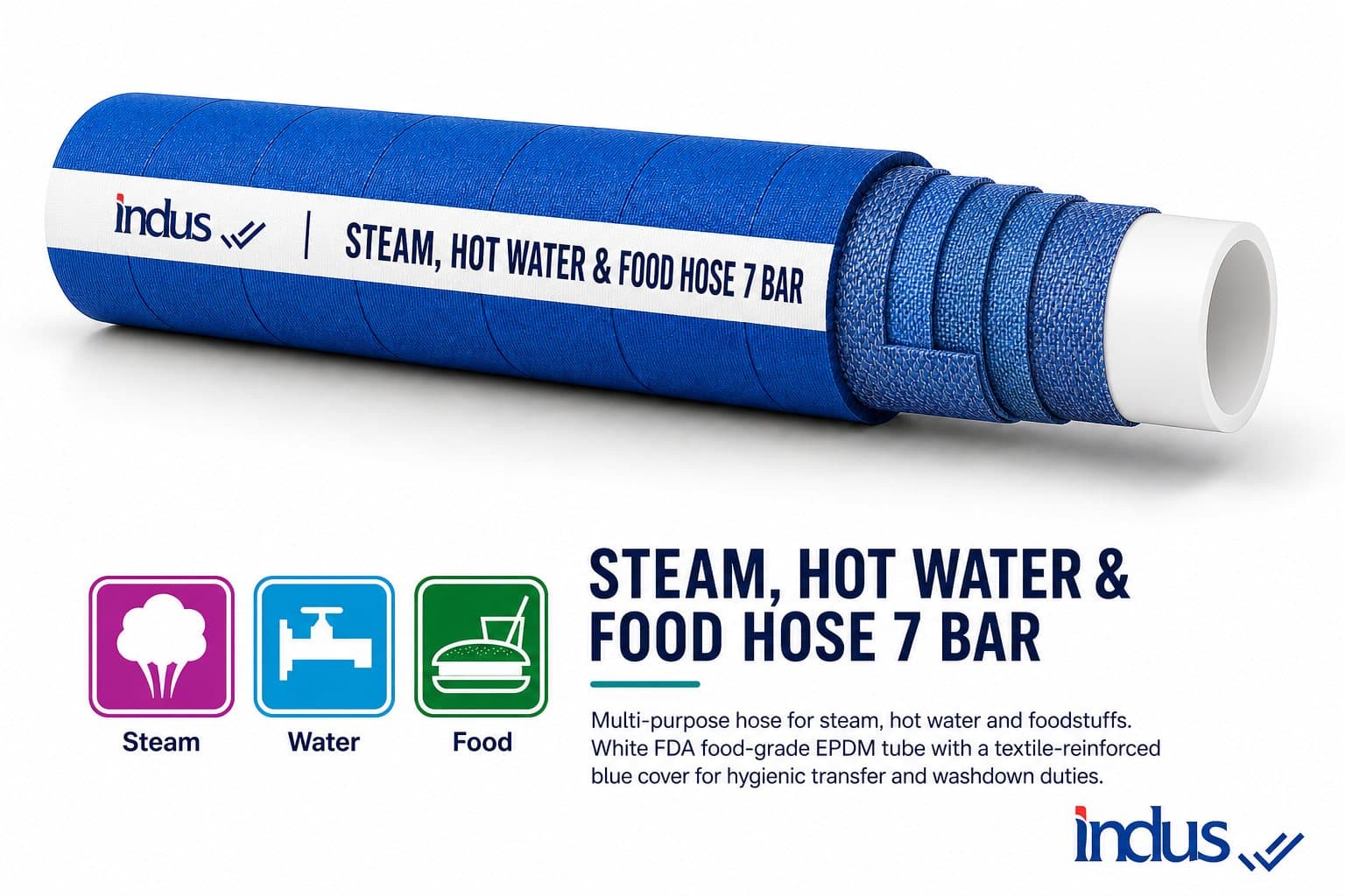 Blue steam, hot water and food hose, 7 bar, cutaway with use icons
