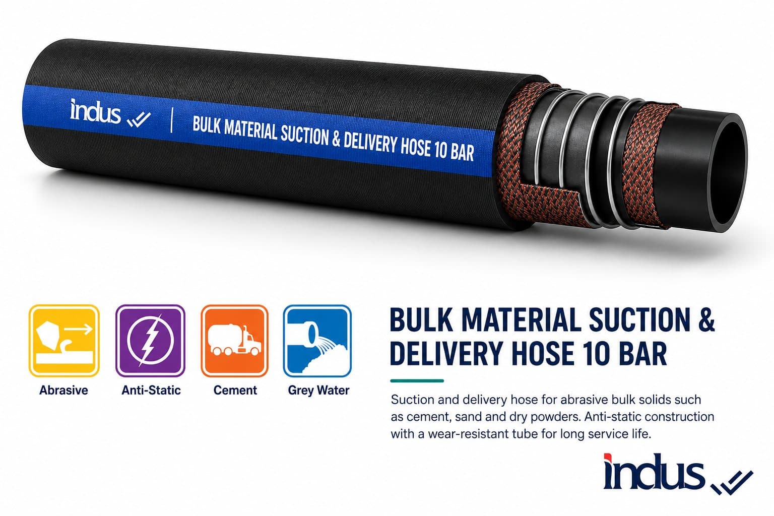 Bulk material suction and delivery hose, 10 bar, black with blue layline and helix cutaway, with use icons