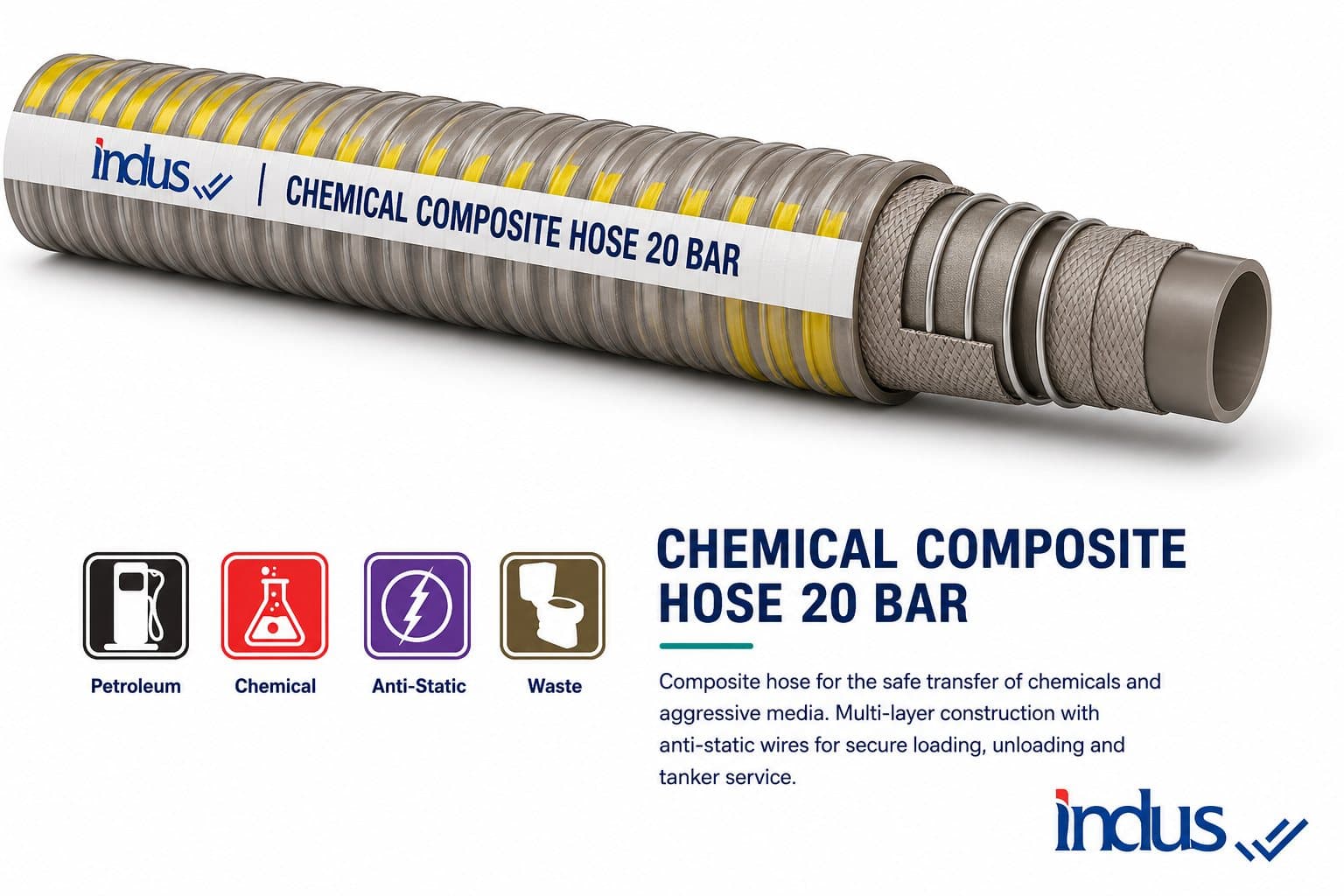 Chemical composite hose, 20 bar, with wire helix, and use icons