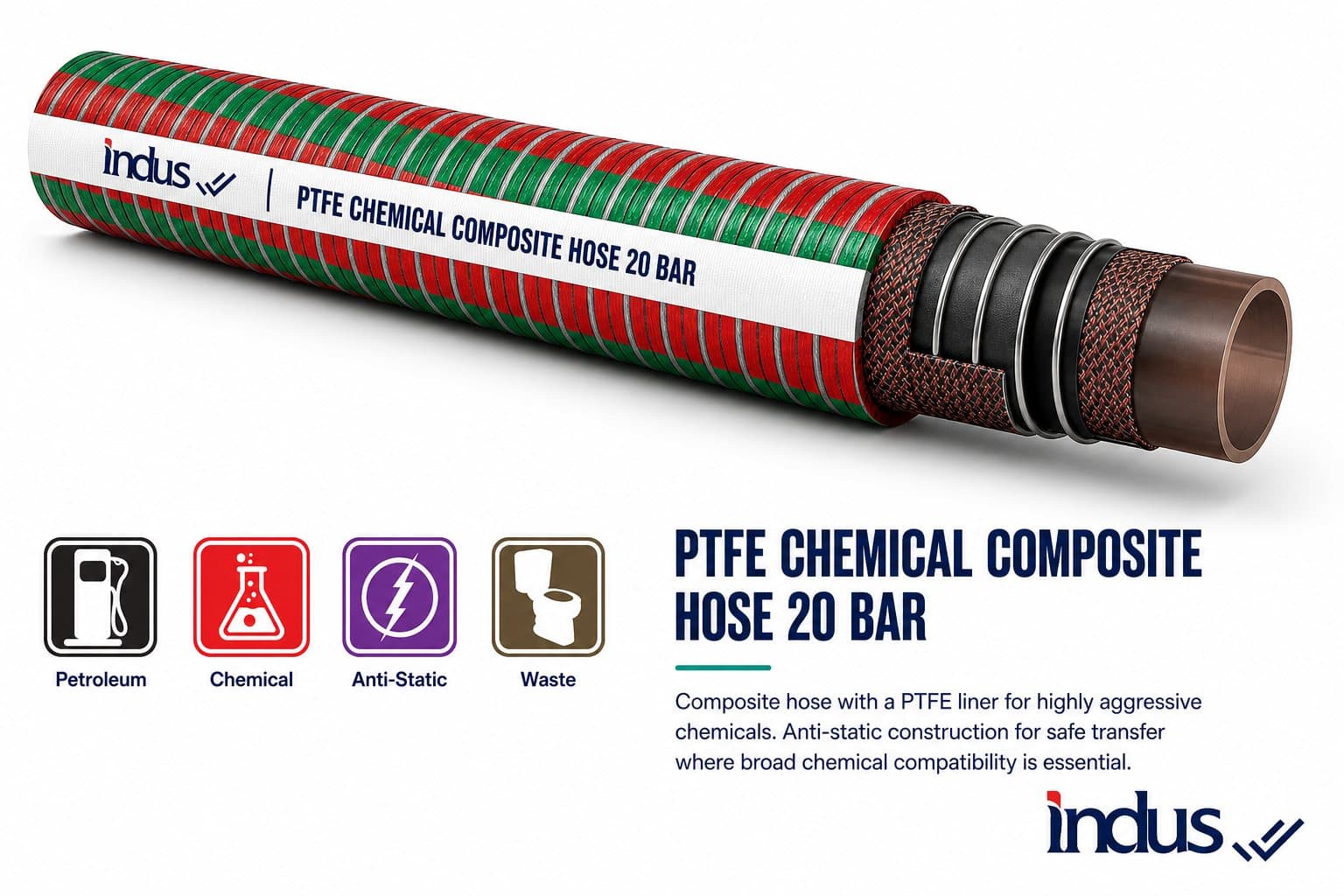PTFE-lined chemical composite hose, 20 bar, red and green cover with icons