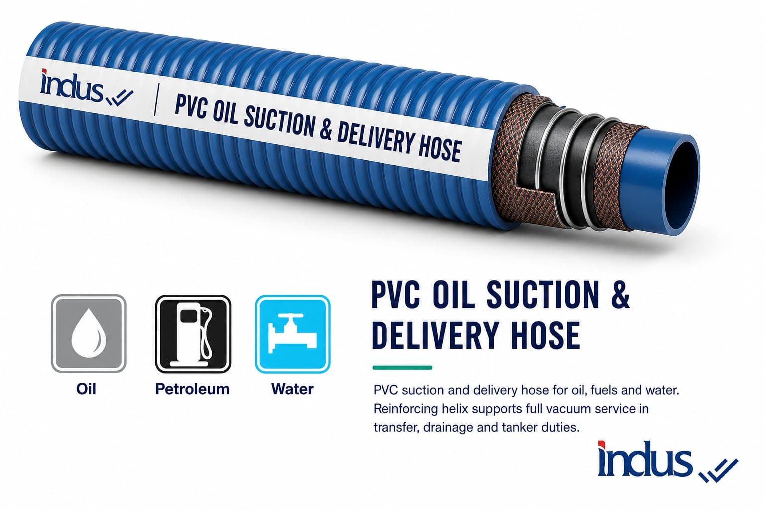 Blue PVC oil suction and delivery hose with rigid helix, with use icons