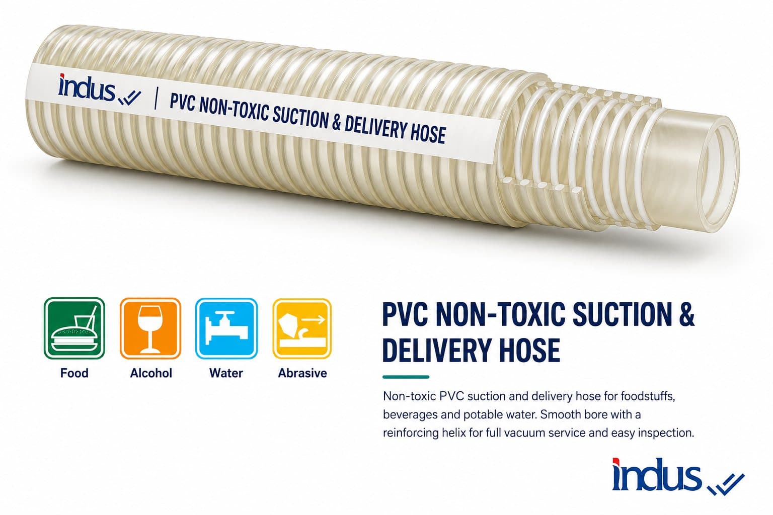Non-toxic clear PVC suction and delivery hose with white helix, with use icons