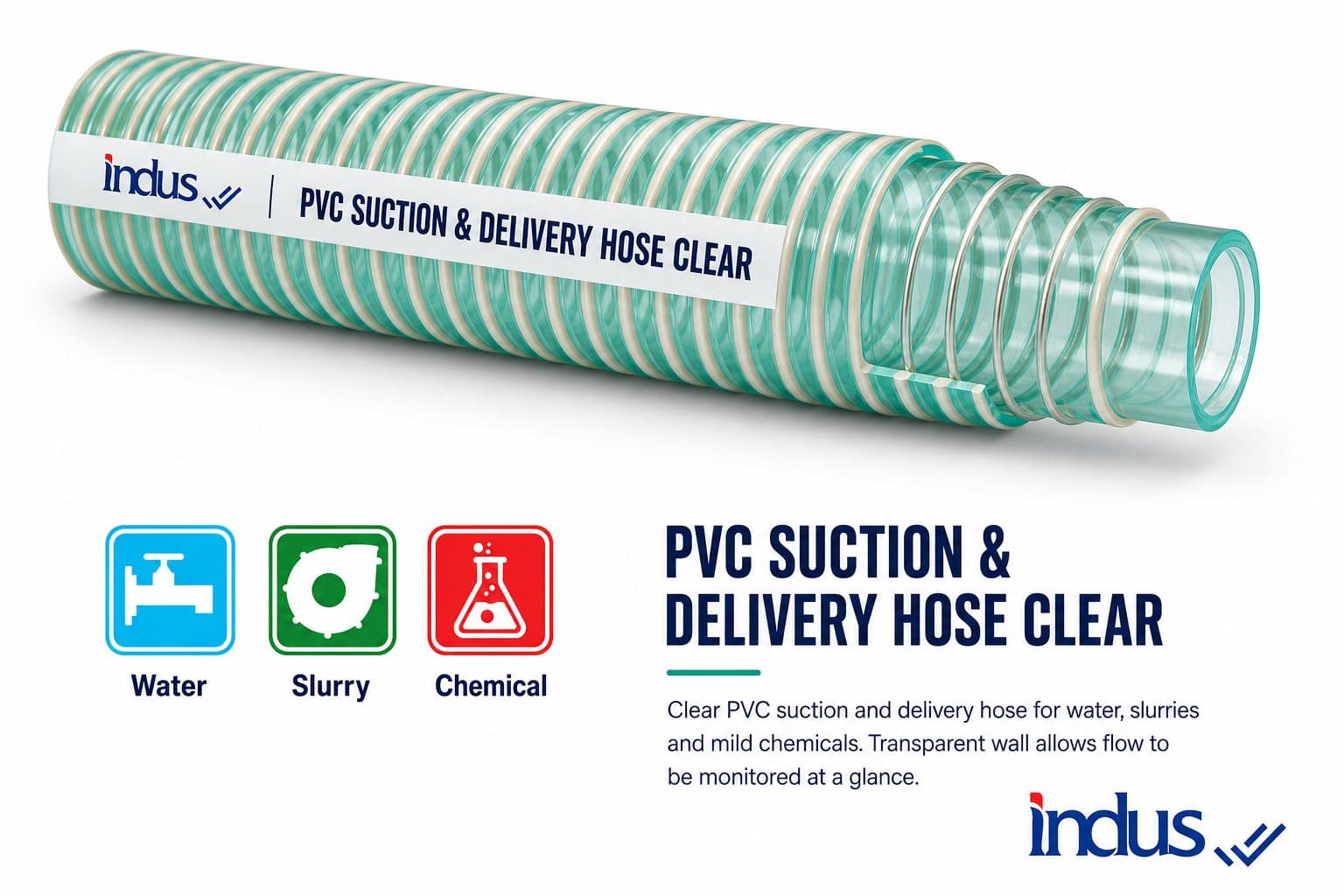 Clear PVC suction and delivery hose with green helix, with use icons