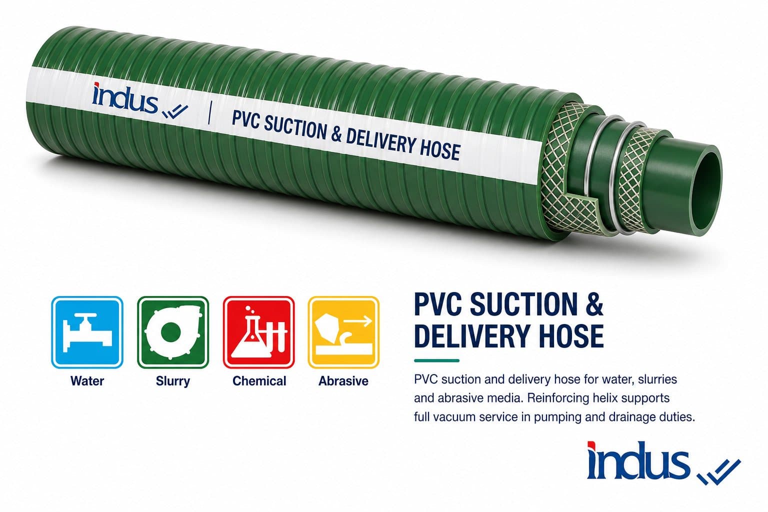 Green medium-duty PVC suction and delivery hose with helix, with use icons