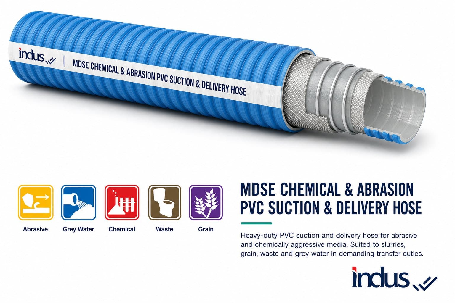 MDSE chemical and abrasion PVC suction and delivery hose, blue spiral cutaway, with use icons