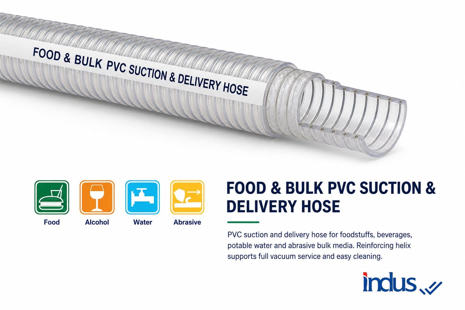 Clear PVC food and bulk suction and delivery hose with white helix, with use icons