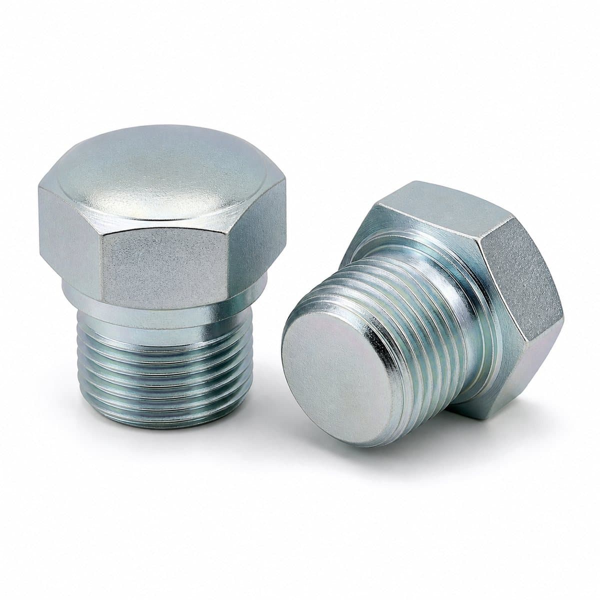 BSP hex head plugs with parallel thread, zinc-plated steel, two shown