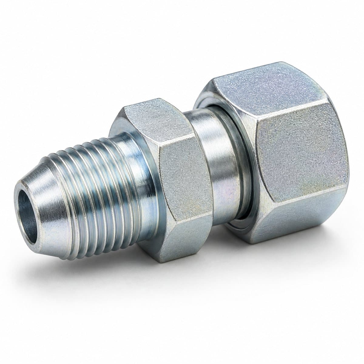 Swivel male stud, BSPT tapered thread × swivel nut, zinc-plated steel
