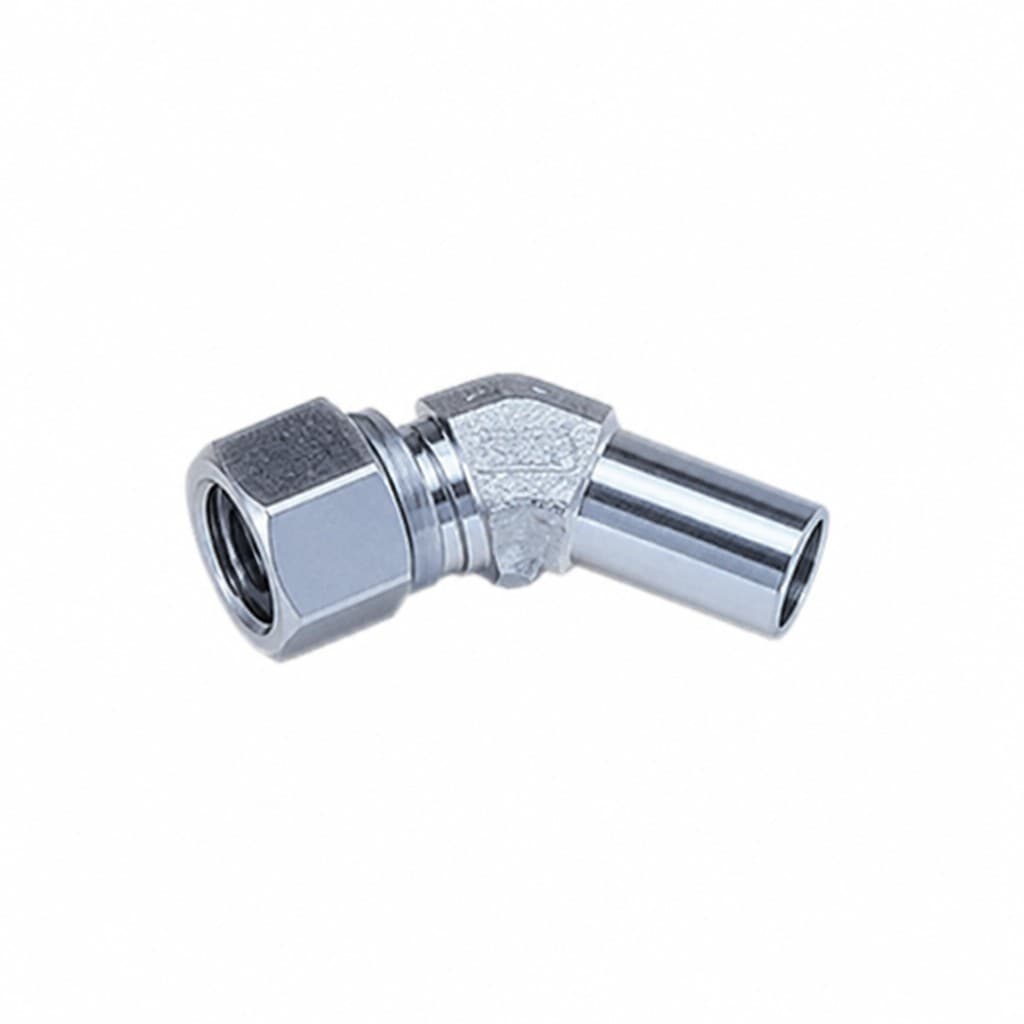 Metric bite-type 45° elbow reducer, swivel nut on one leg and plain tube stub on the other