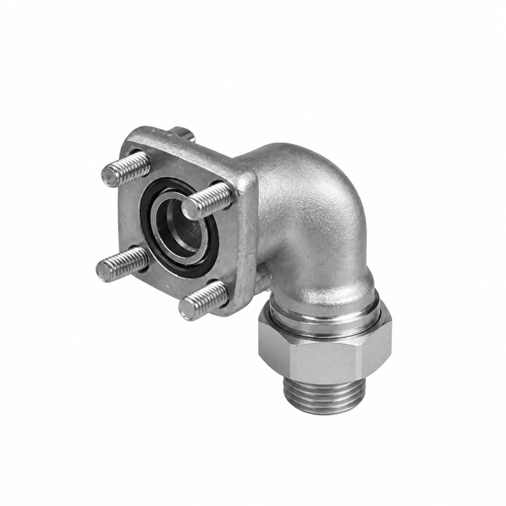 Metric bite-type 90° elbow on a square four-bolt pump flange with studs