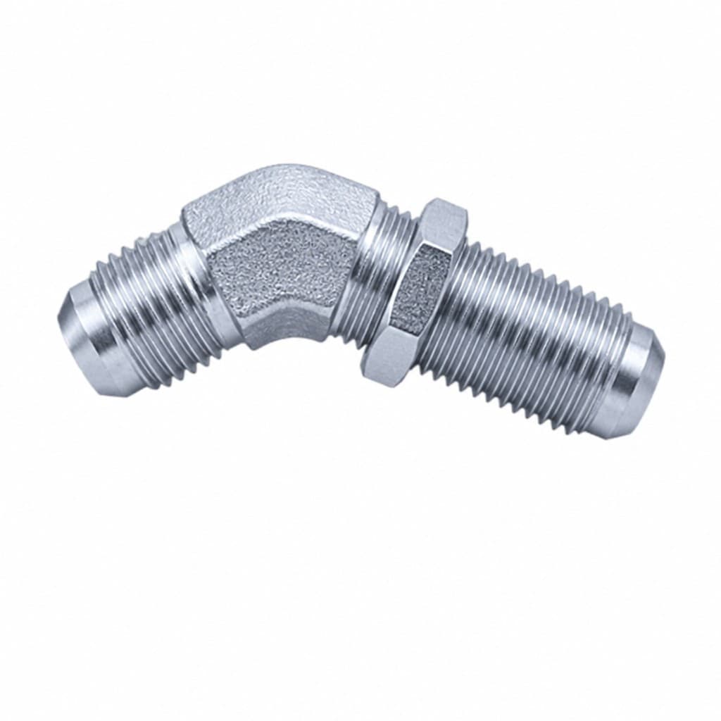 45° JIC 37° male bulkhead elbow, long threaded leg with locknut, flare both ends