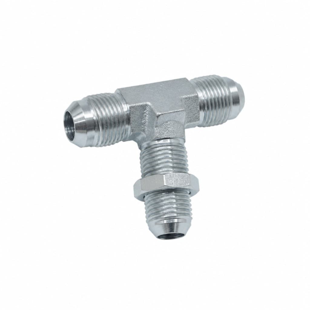 JIC 37° male bulkhead branch tee, long threaded branch with locknut