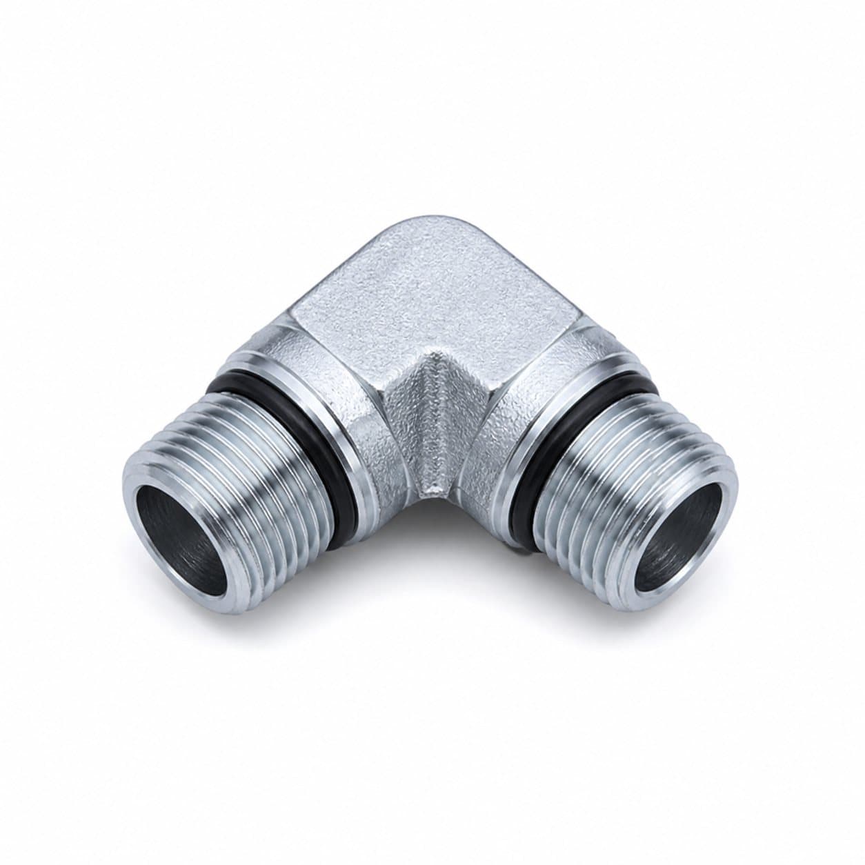 90° elbow adapter, metric male O-ring both ends, forged zinc-plated steel