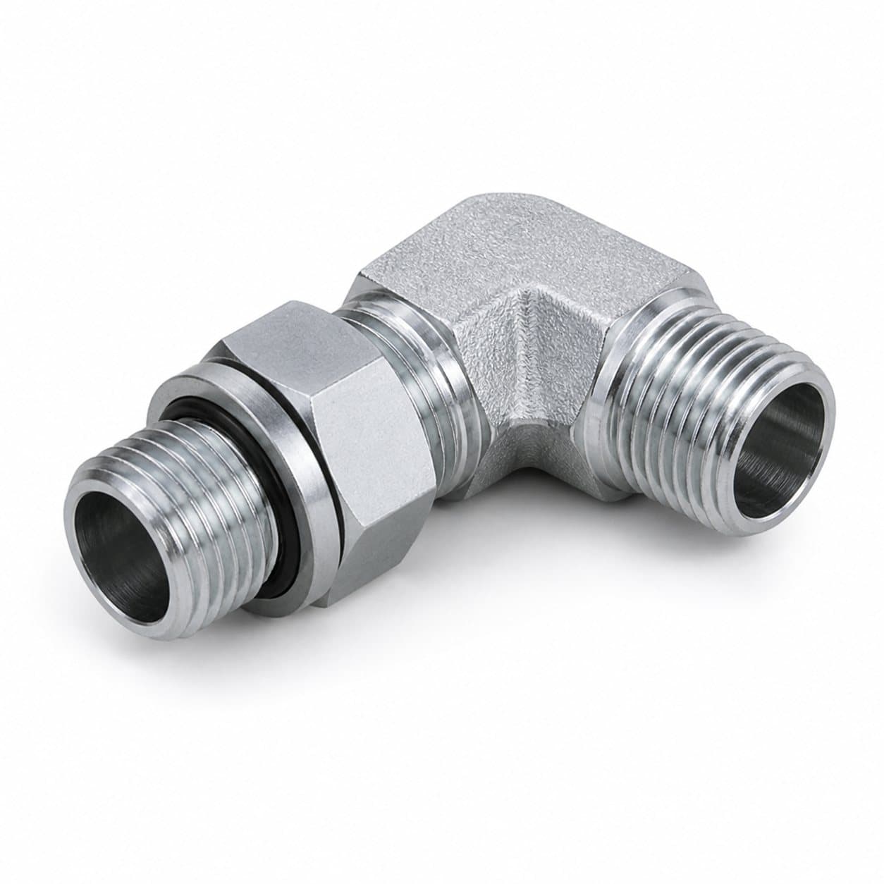 90° elbow adapter, metric male O-ring × metric adjustable stud end with locknut