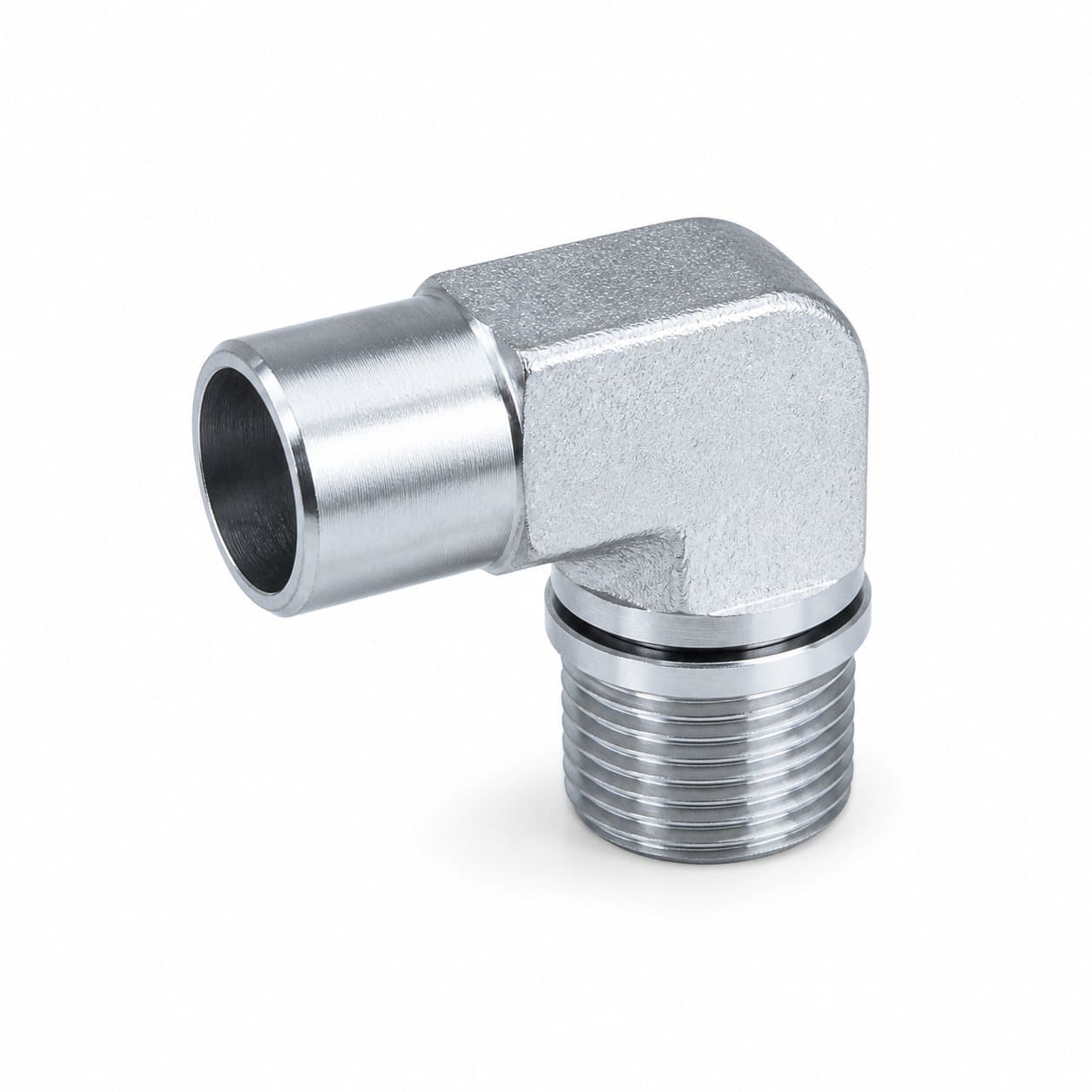 90° elbow adapter, metric male O-ring × butt-weld tube end