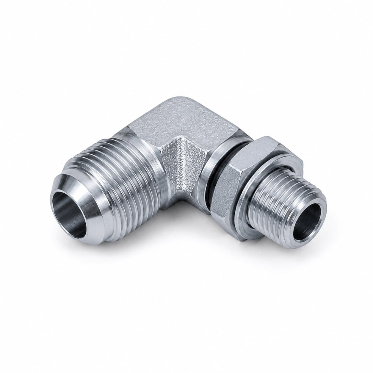 90° elbow adapter, metric male 74° cone × SAE O-ring boss adjustable stud end