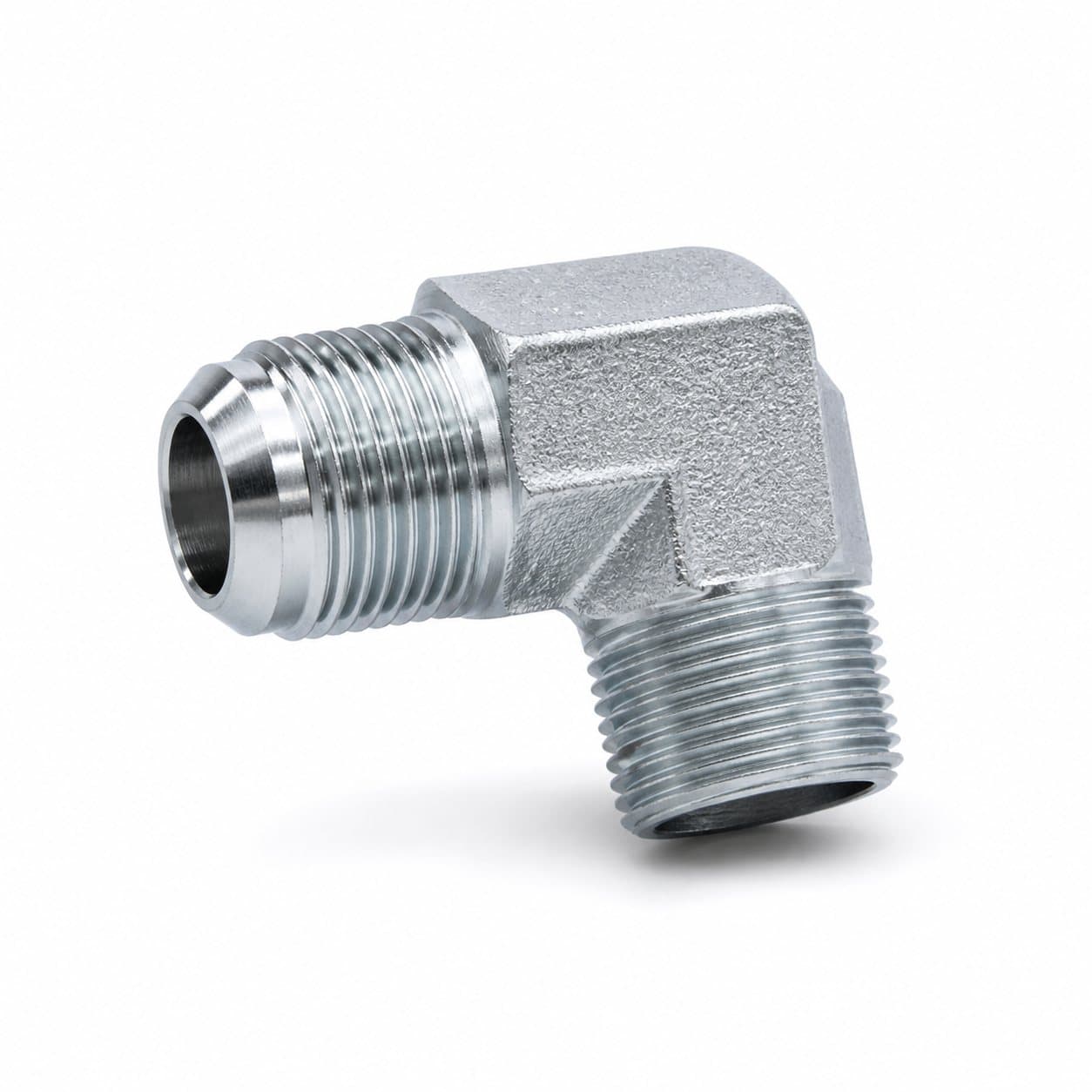 90° elbow adapter, metric male 74° cone × NPT male, forged zinc-plated steel