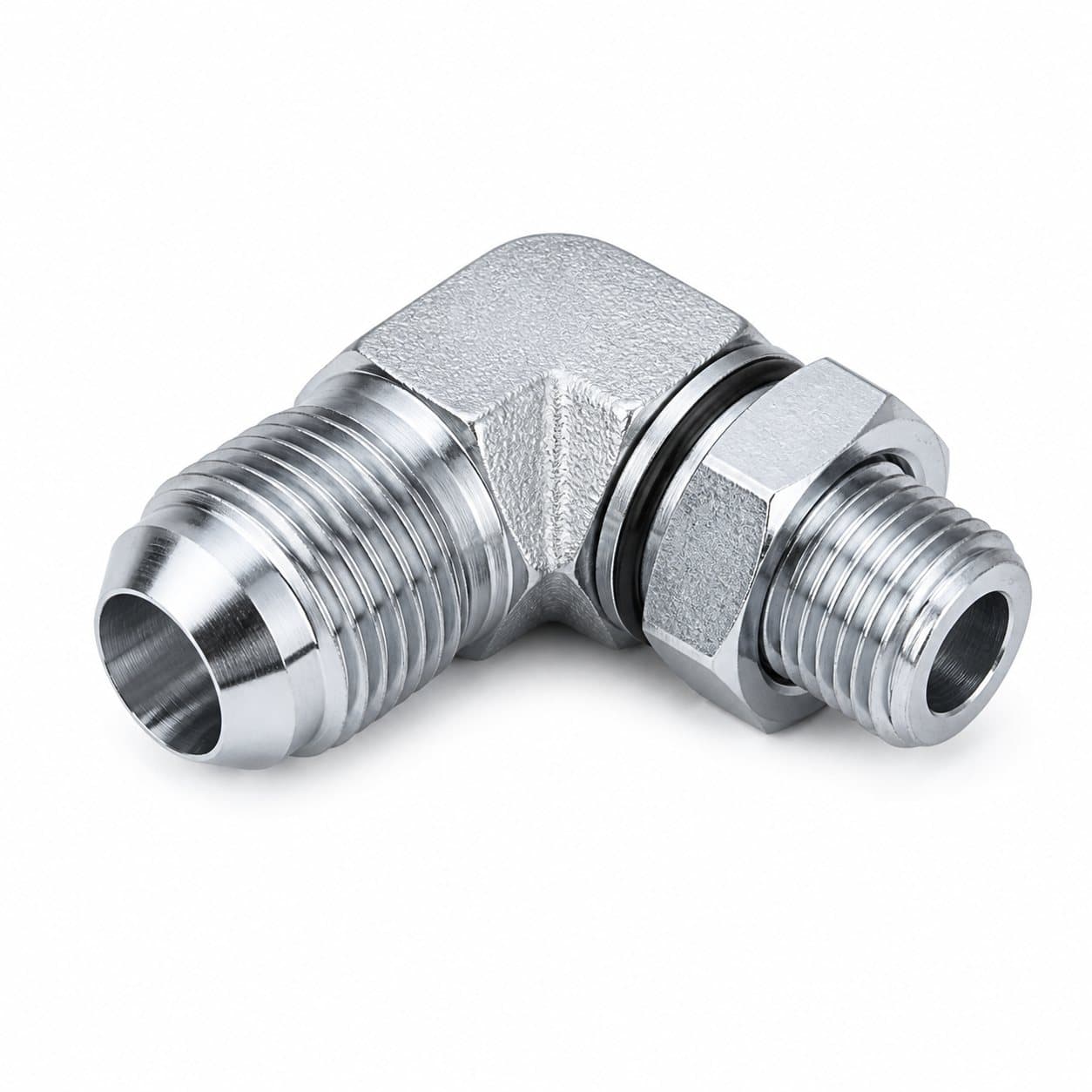 90° elbow adapter, metric male 74° cone × metric adjustable stud end (ISO)