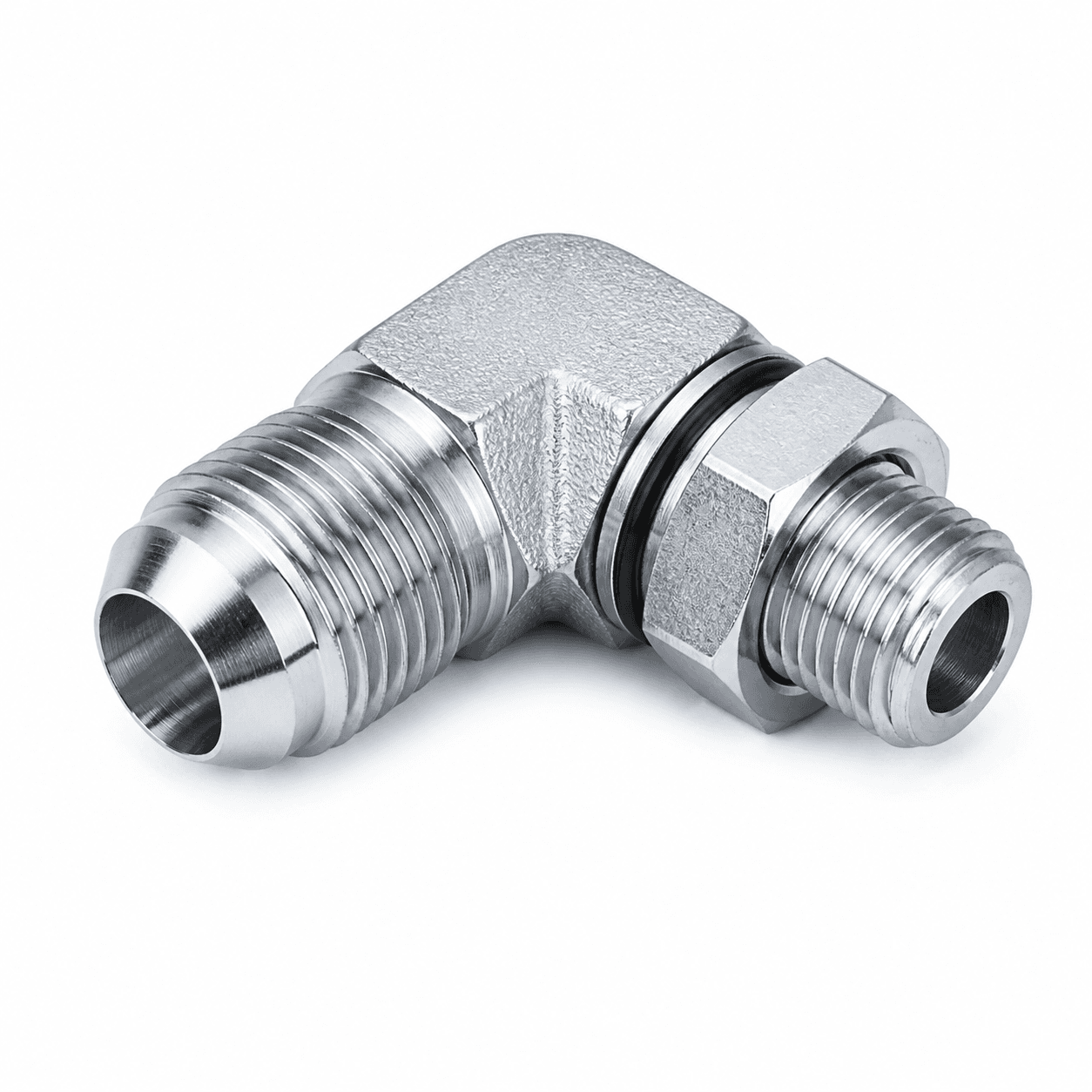 90° Elbow Metric Male 74° Cone × Metric Male Adjustable Stud End ISO