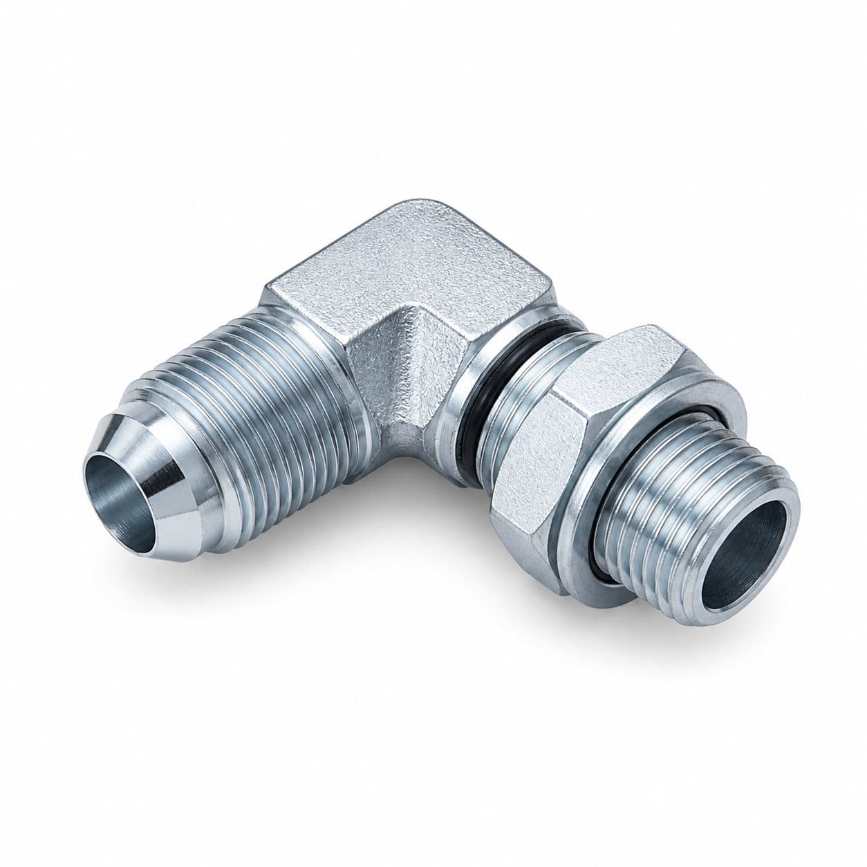 90° elbow adapter, metric male 74° cone × BSP O-ring adjustable stud end
