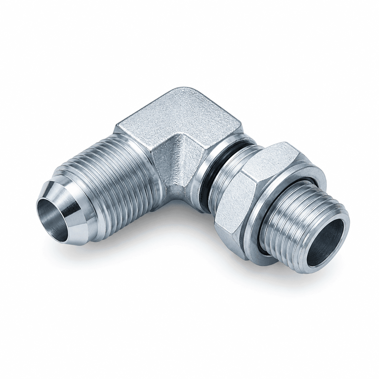 90° Elbow Metric Male 74° Cone × BSP Male O-Ring Adjustable Stud End