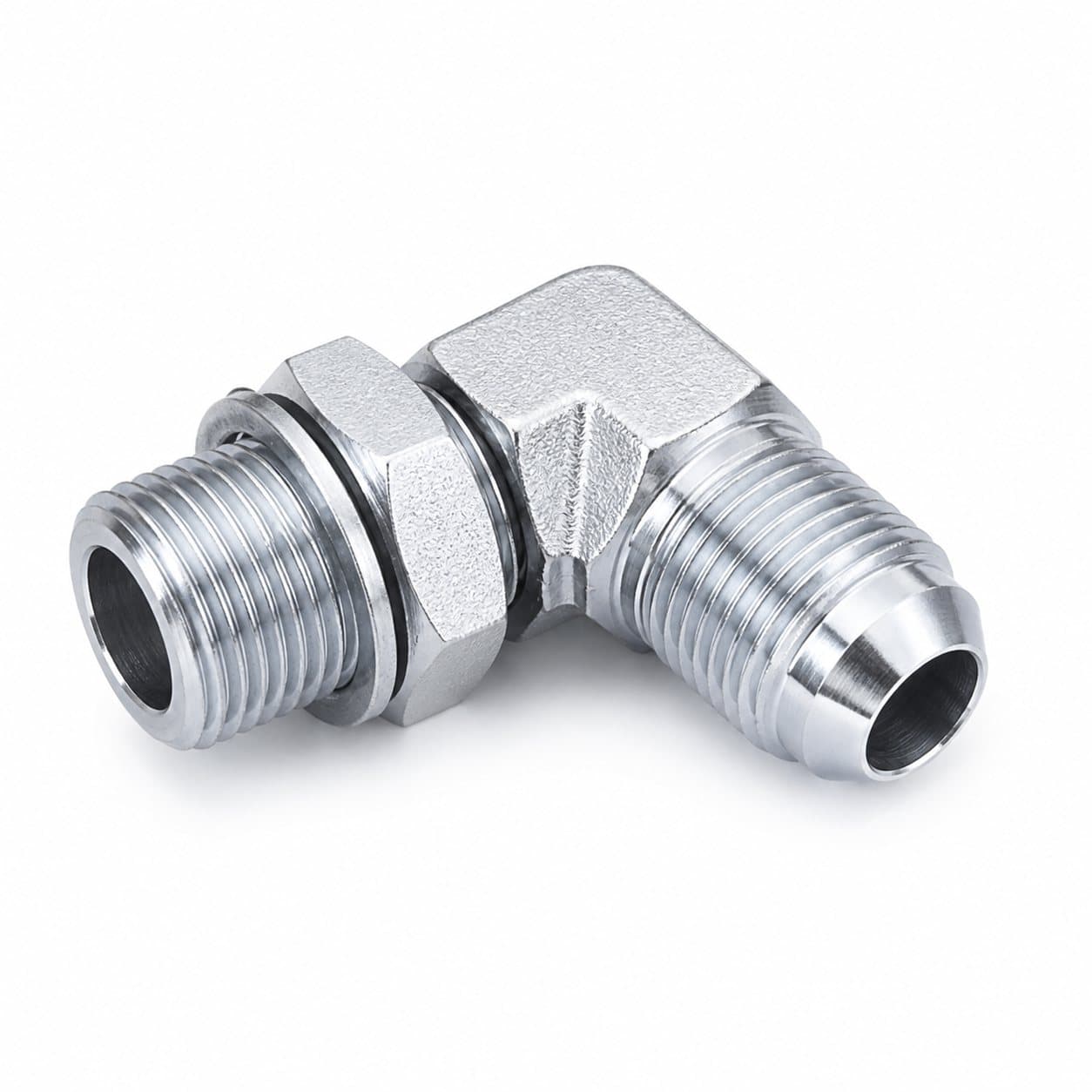 90° elbow adapter, BSP male 60° seat × BSP O-ring adjustable stud end with locknut