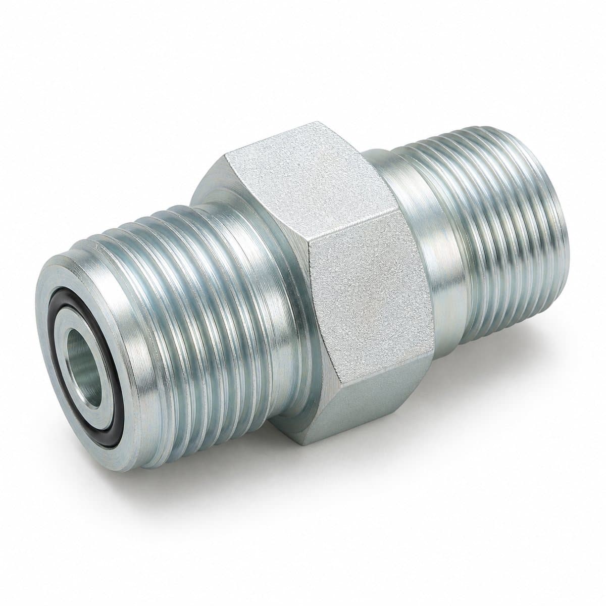 Straight male connector, ORFS male face seal × BSP male, zinc-plated steel