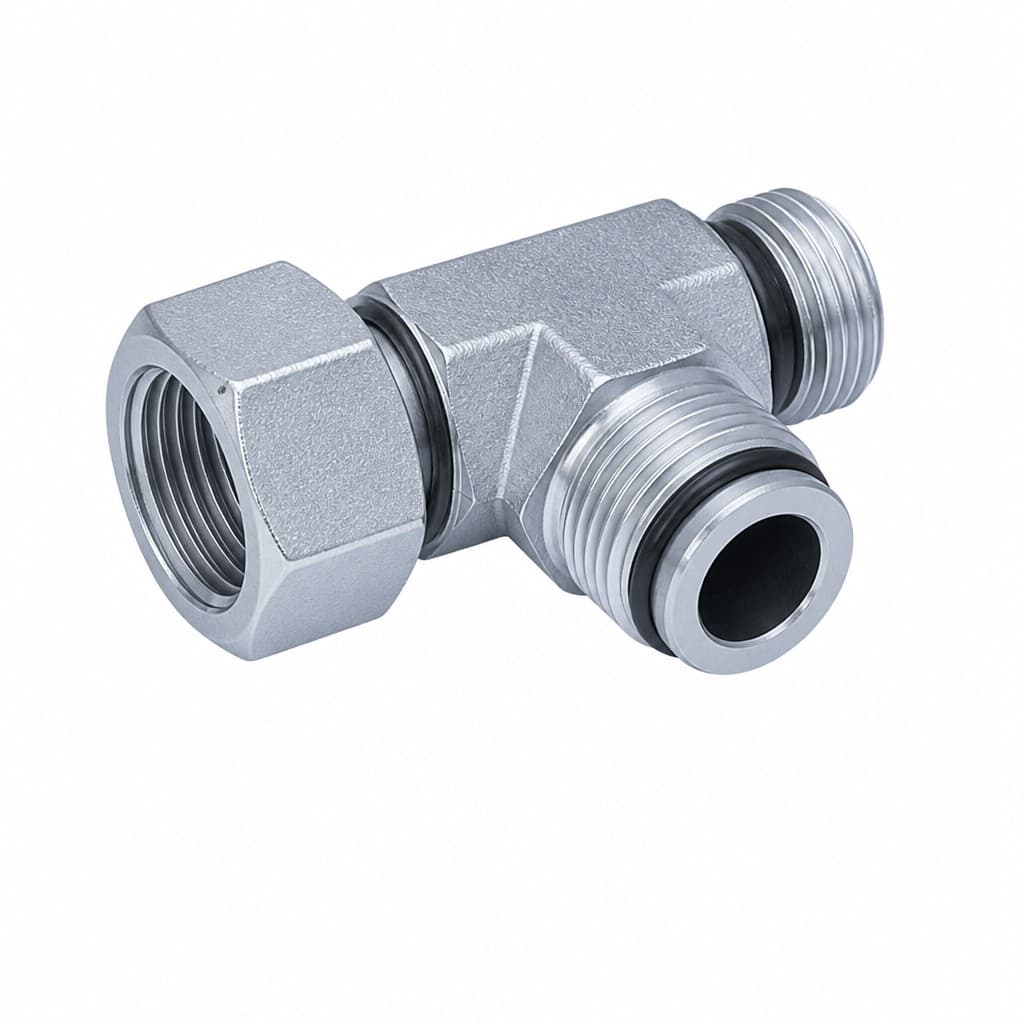 Run tee, ORFS male O-ring × ORFS female swivel nut, O-ring branch