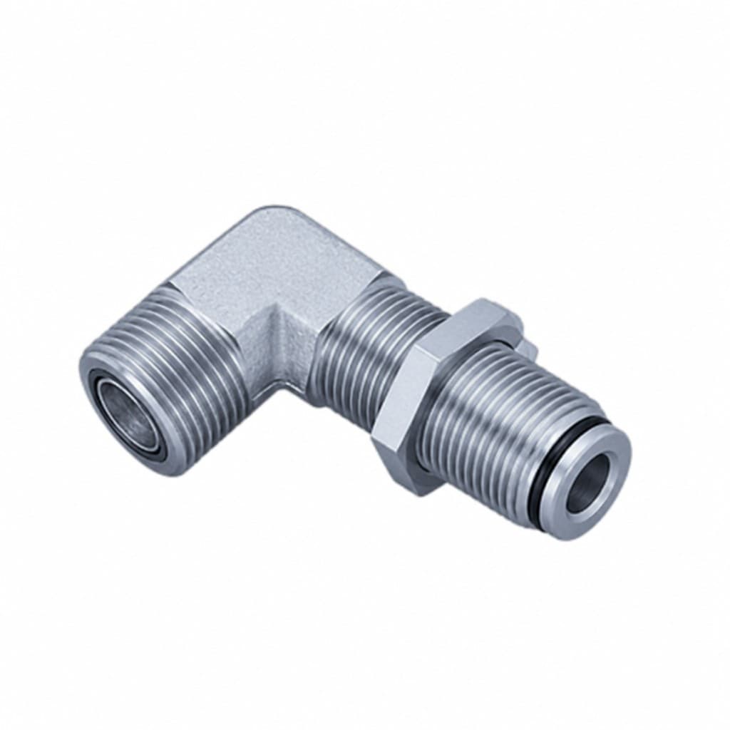 90° ORFS male O-ring bulkhead elbow, long threaded leg with locknut