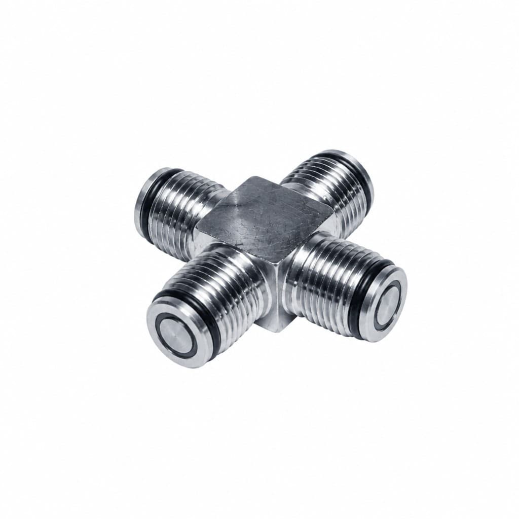 ORFS cross, four male face-seal ends with O-rings, forged zinc-plated steel