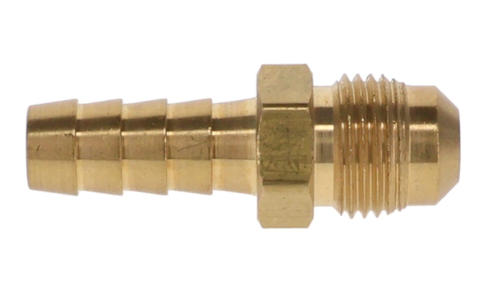 Brass Hose Barb × SAE 45° Flare Male, side view