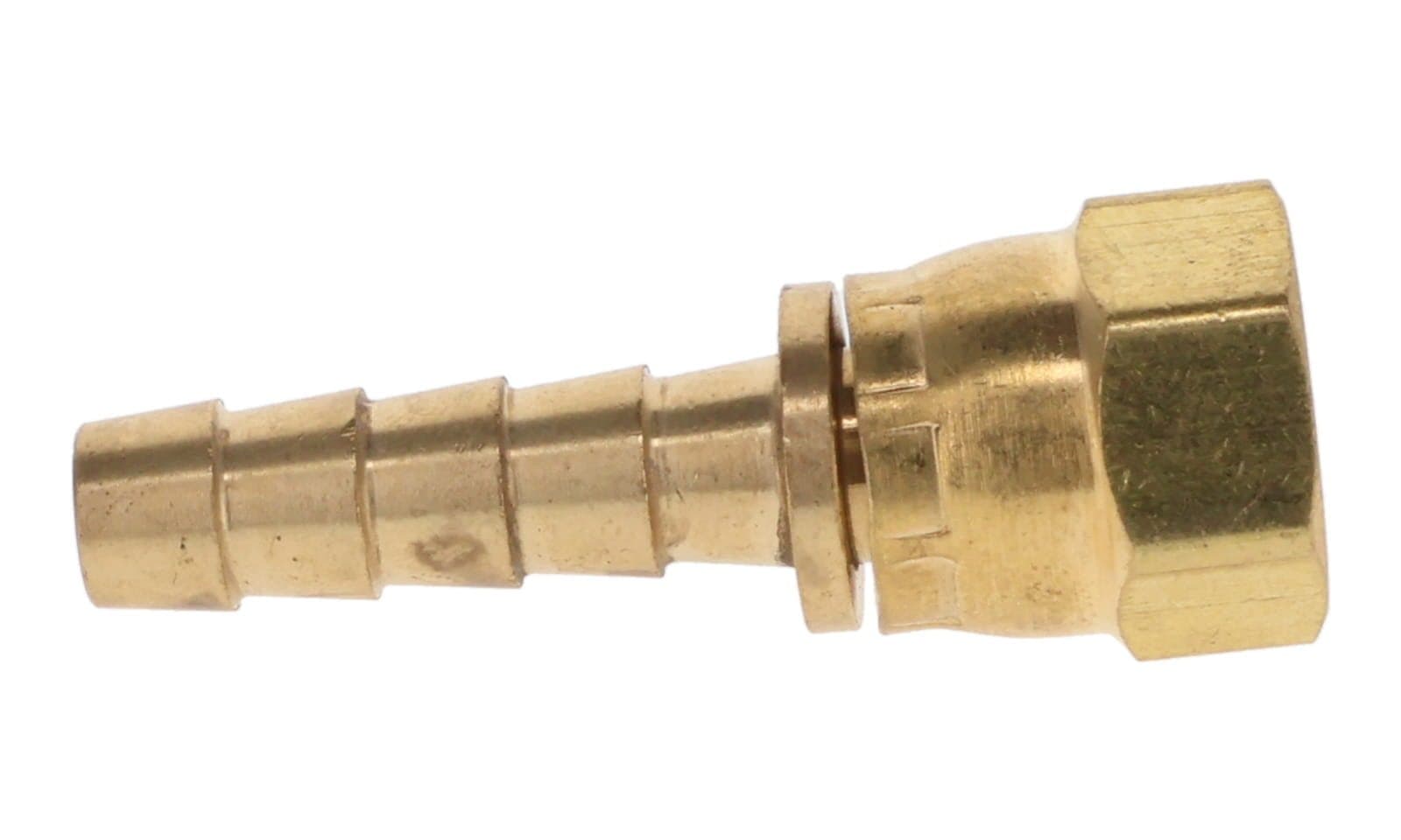 Brass Hose Barb × Dual-Seat Female Swivel (SAE 45° / JIC 37°), side view