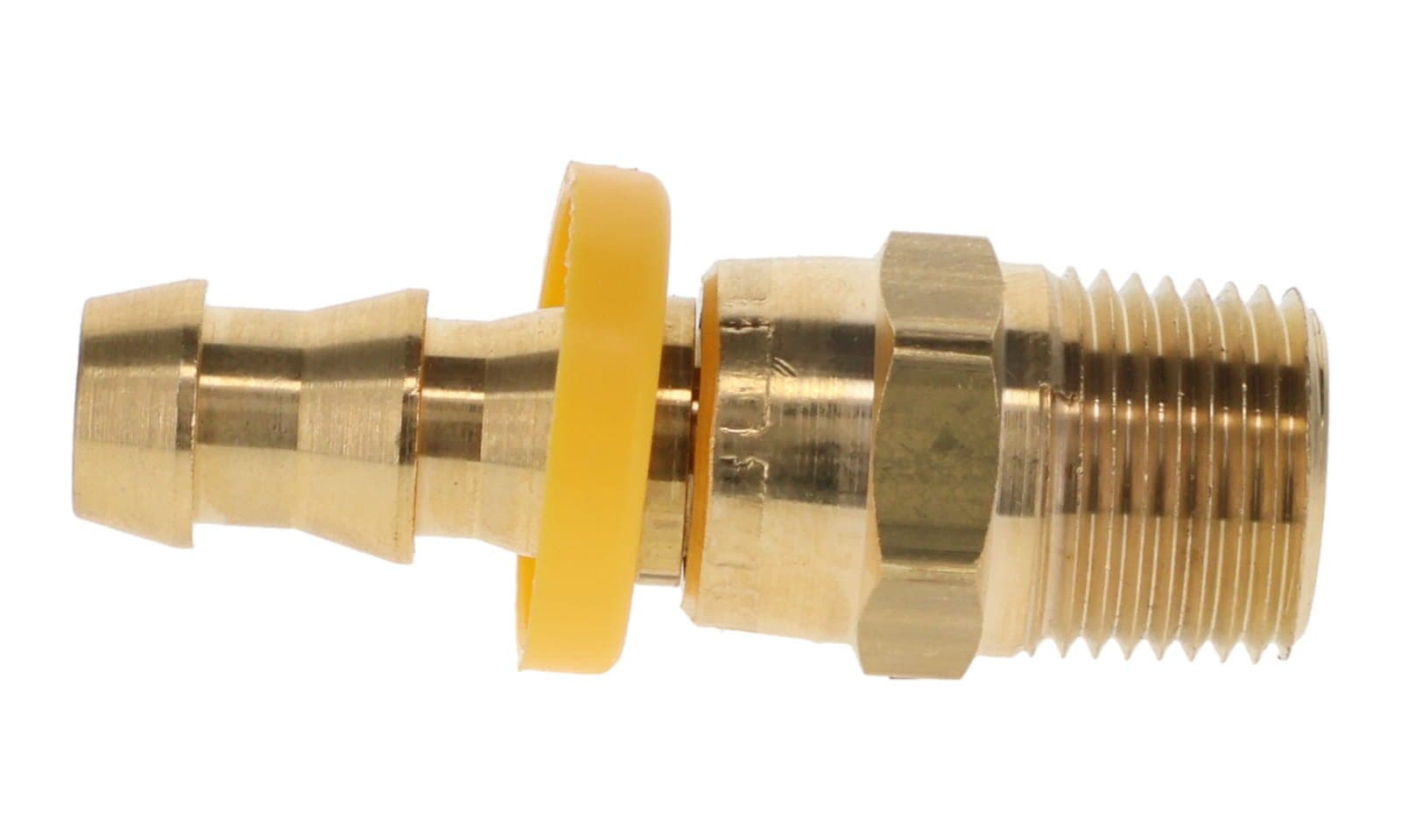 Brass push-lock hose barb × NPTF male swivel, side view